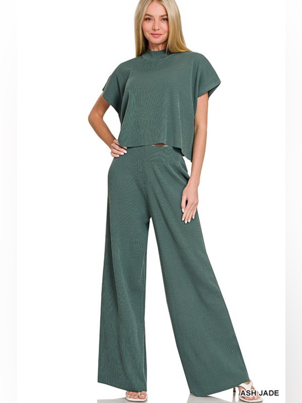 NWT Zenana Viscose Sweater Ash Jade Short Slv Top & Pants 2pcs Set